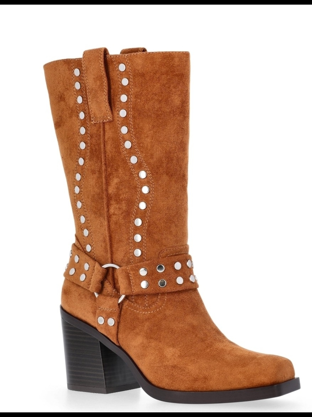 Studded Tan Suede Mid-Calf Heeled Boots